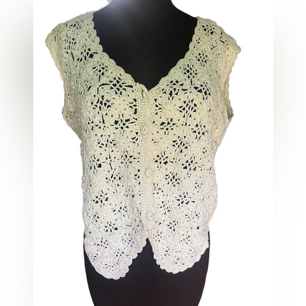 Vtg 90s Floral Crochet Boho Shabby Chic Festival Button Front Granny Vest Top M